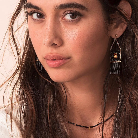 Minimalist Earrings Short Black Beaded