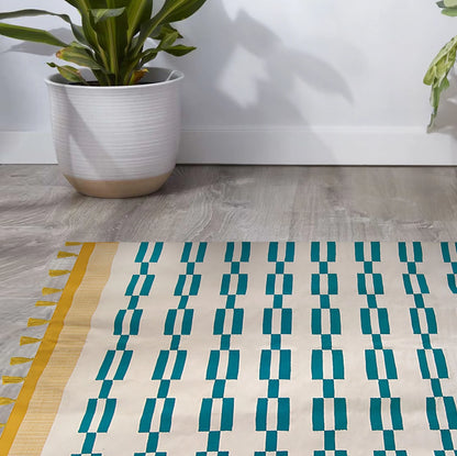 blue and yellow rug